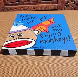 Susan Kline Original Painting With Sock Monkey, Flying Monkey, 6 in x 6 in